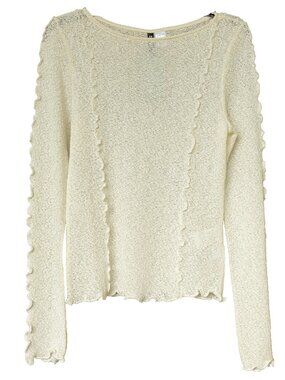 H&M Mesh Top White Sheer net Open Weave Ruffle Reverse Seam Long Sleeve Shirt